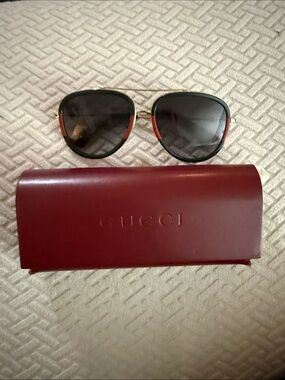 Gucci Gold Metal Aviator Sunglasses with Black Lenses and Burgundy Case